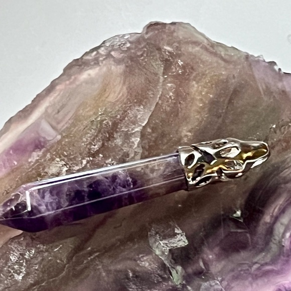 Genuine Amethyst 6- Sided Pendant Point in Silver - Picture 2 of 11